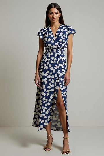 White Blue Printed A Line Wedding Guest Dress with Slit